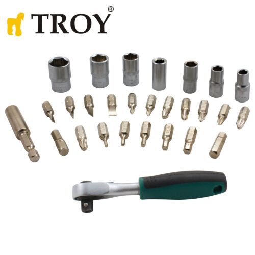 Комплект гедоре мини тресчотка с вложки и битове 1/4“ 28 части / Troy 21948 / 1