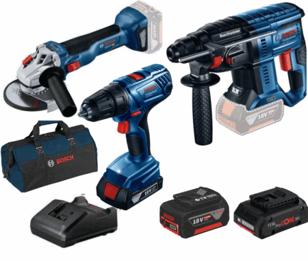 Bosch Акумулаторен комплект Перфоратор GBH 180 + Винтоверт GSR 180 + Ъглошлайф GWS 180 + 3 Батерии и зарядно в чанта / 0601000002 / 1