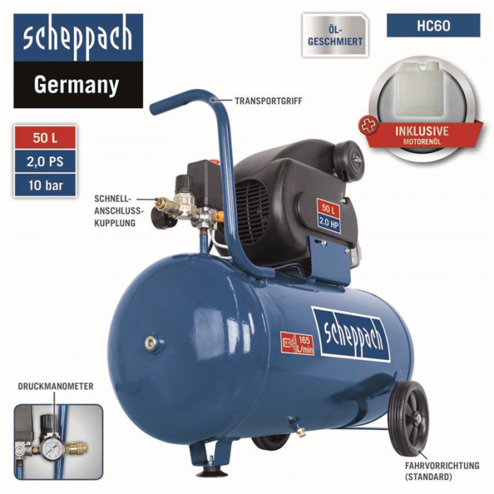 Компресор за въздух HC60 1500W 10bar / Scheppach 5906128901 / 50 Л 5