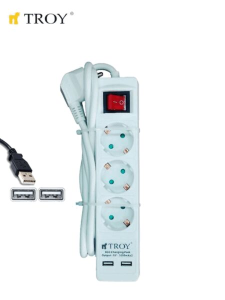 Разклонител с кабел, USB порт 2бр. , 3 гнезда и ключ / Troy 24023 / 1