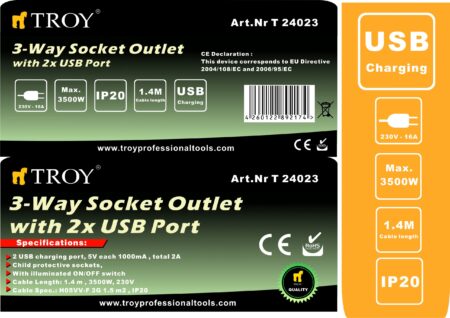 Разклонител с кабел, USB порт 2бр. , 3 гнезда и ключ / Troy 24023 / 2