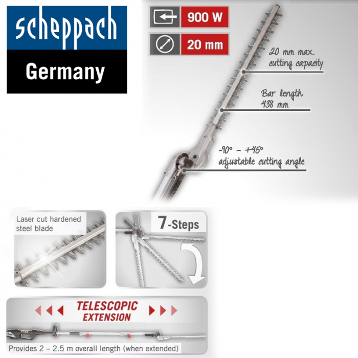 Телескопичен храсторез TPH900 / Scheppach 5910406901 / 900W O 20 мм 3