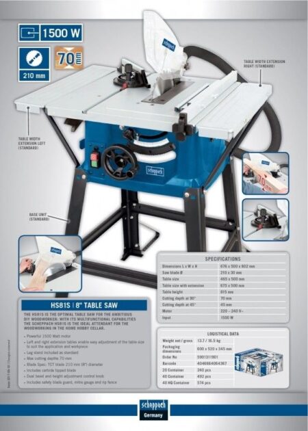 Стационарен циркуляр HS81S / Scheppach 5901311901 / 1500 W, 210 мм 5
