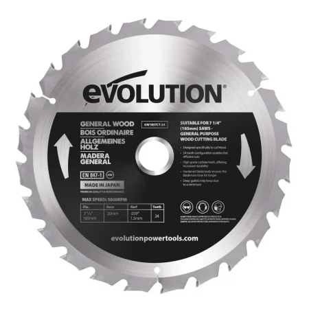 Диск за дърво за циркуляр 185 мм TCT 24 зъба / EVOLUTION GW185TCT-24-7164 / 1